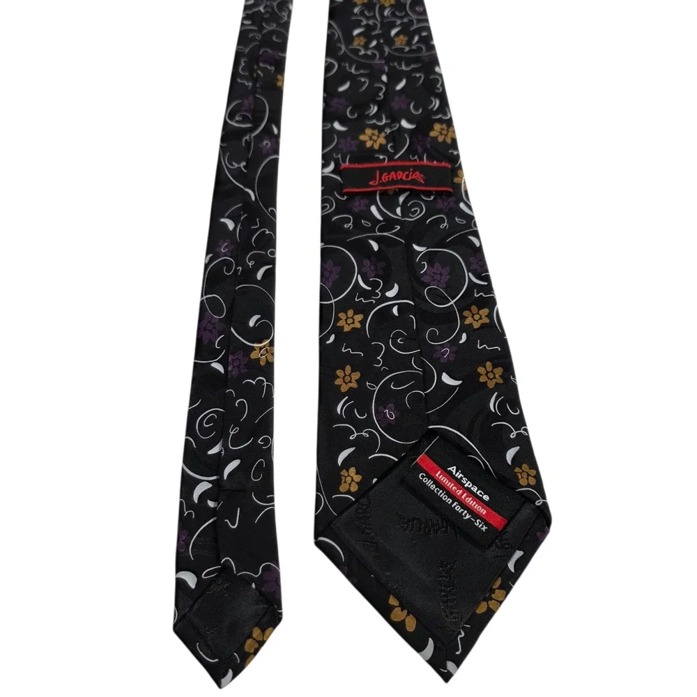 J Garcia Mens Necktie Black Purple Floral Silk 'Airspace' Limited Edition Preppy